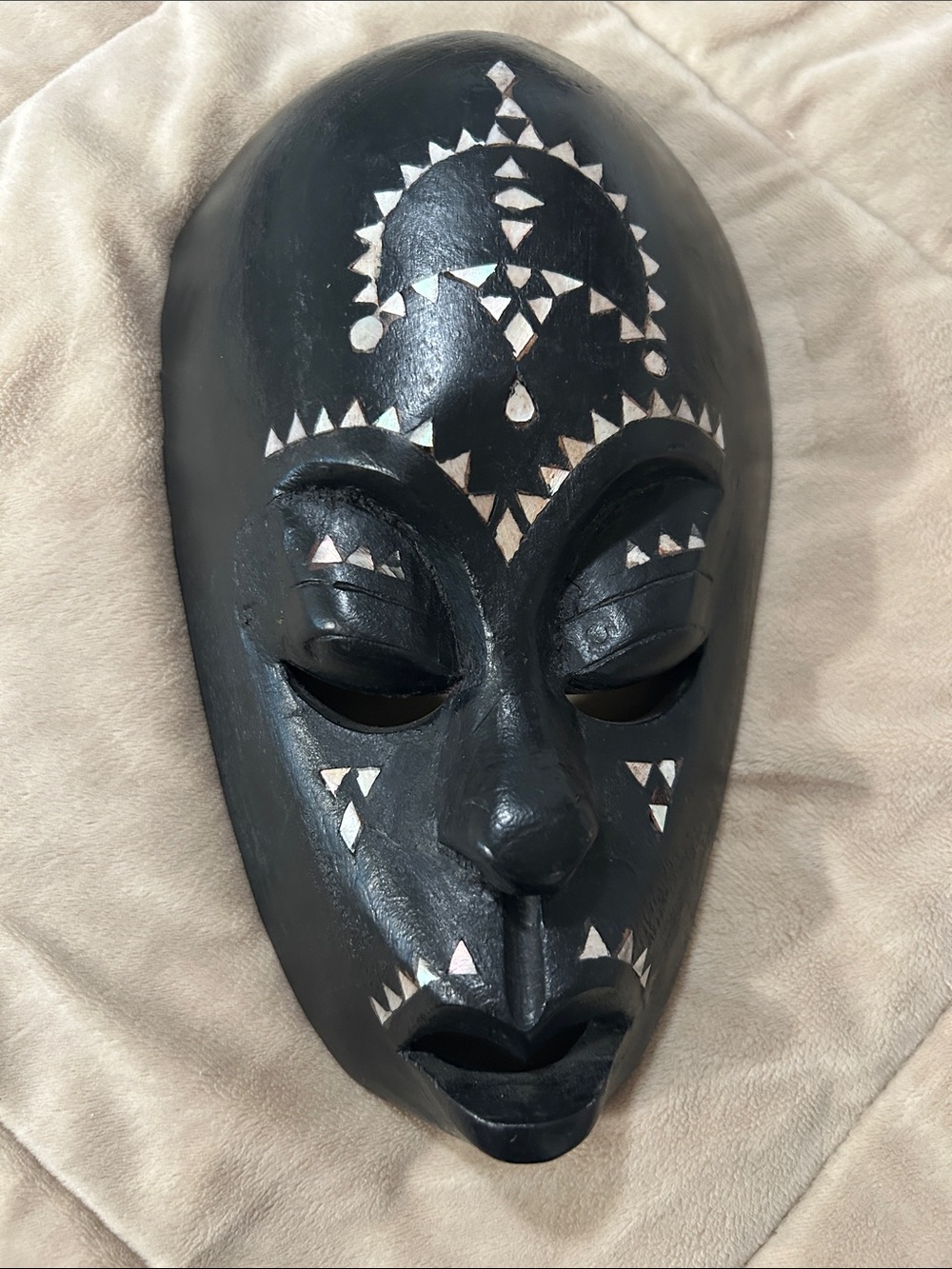 Wood Tribal Black Mask Mother Of Pearl Inlay 1990’s Wood Carved Statue Wall Art